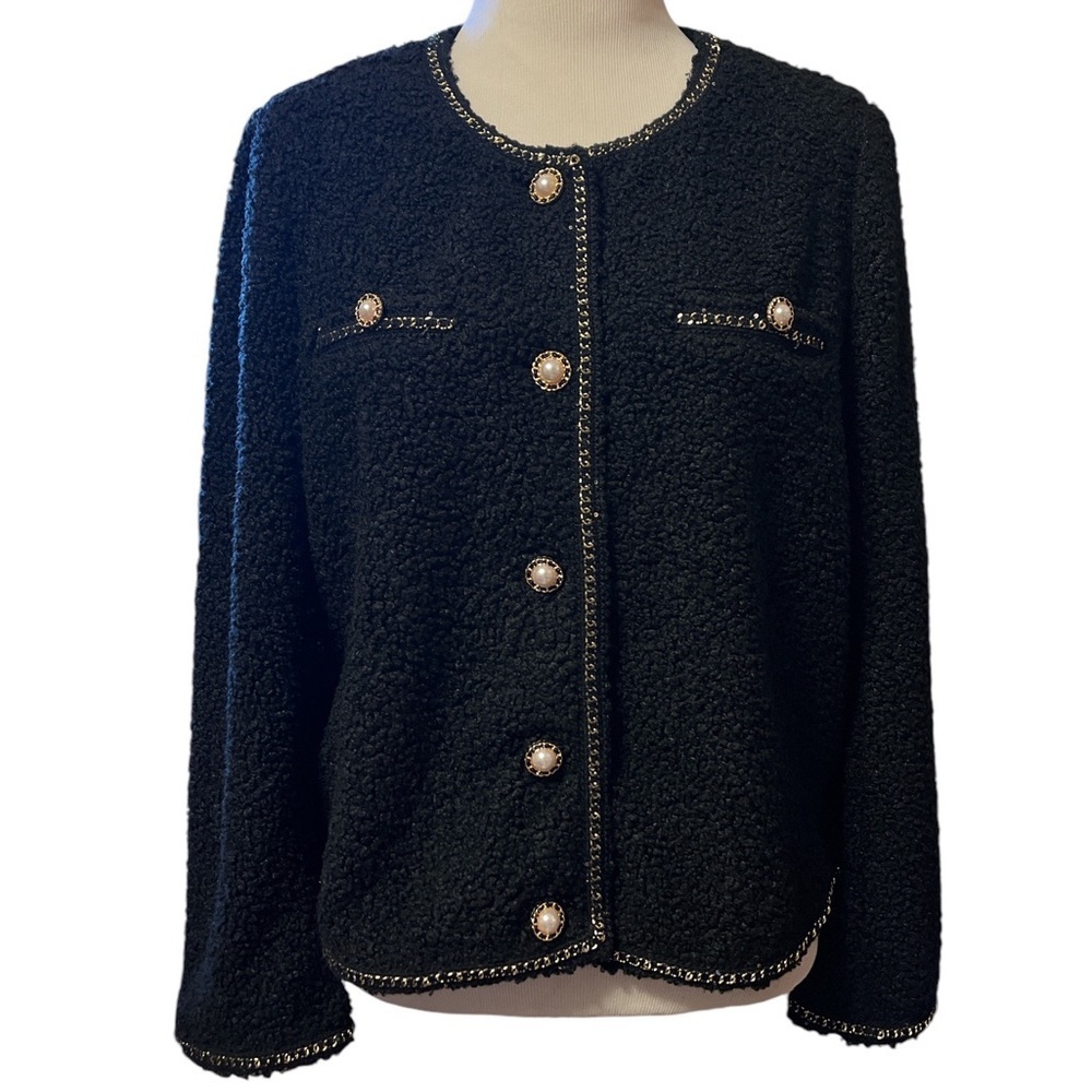 Adrianna Papell black boucle crew neck jacket with gold and Pearl trim, lined